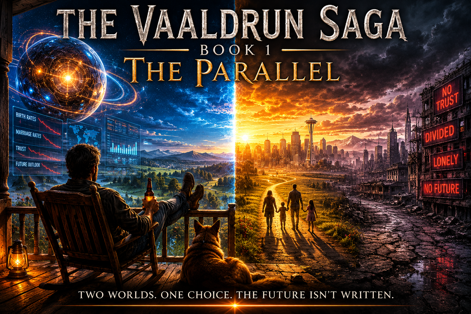 The VaalDrun Saga cover concept with Opi, Elias, demographic charts, and divided futures.